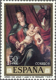 Z Vendido ESPAÑA 1970 1965 Sello Nuevo Dia del Sello Pintor Luis de Morales El Divino La Virgen con los niños Jesús y Juan c/charnela Espana Spain Espagne Spagna Spanje Spanien 